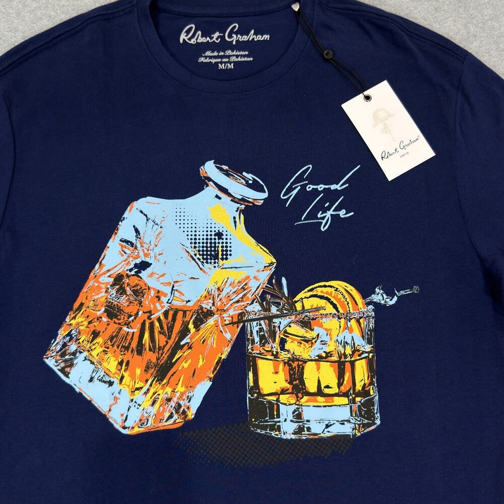 Robert Graham Mens T-Shirt Medium Navy Blue Barrel Aged Whiskey Tee NWT **READ**